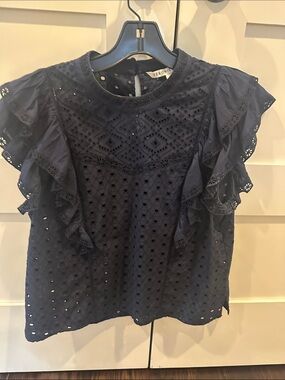 Veronica Beard. Navy Eyelet Ruffle Short Sleeve Top